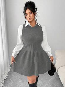 Elenzga Plus Size Women Autumn/Winter Knitted Sleeveless Dress With Ruffle Hem, Solid Color Sweater Dress - Dark Grey - View 4