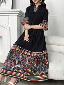 SHEIN Vestido de muñeca con cuello en V y fruncido con parches florales para adolescentes, bata holgada con cuello en V y bloqueo de color, abaya árabe de Oriente Medio, vestido largo para el Día Nacional, adecuado para primavera/verano, vacaciones - Negro - Ver 5