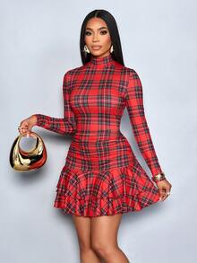 SOLERSUN Women's Red Color Knitted Short Winter Clothes For Women Elegant Party Knitted High Neck Long Sleeves Gathered Double Ruffled Mini Dress, Autumn/Winter Christmas Vacation & Dating & Valentine's Day Dating New Year(Random Floral)