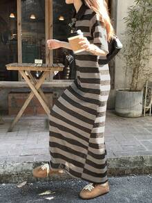DAZY Women's Striped Short Sleeve Half-Zip Casual Long Dress - Brown - View 6