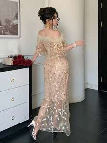 DAZY 女士露肩中袖收腰优雅金色流苏连衣裙