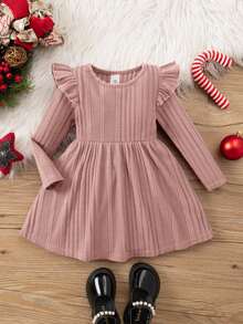 女婴可爱优雅针织休闲红色长袖连衣裙 - 粉色 - 查看 3