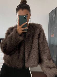 DAZY 女士时尚百搭人造毛皮开衫外套，适合度假和秋冬季节穿着。 - 棕色 - 查看 3