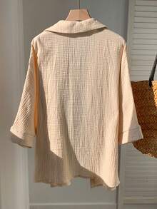 SHEIN EZwear 女裝夏季純色紋理蝙蝠袖休閒襯衫 - 米色 - 查看 2