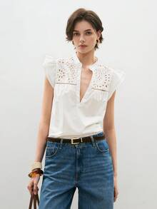 ATUI Studio Women's Summer Commuting Elegant Vacation Casual V-Neck Hollow Embroidery Shirt,Summer Tops,White Top,Business Casual Woman,Going Out Tops Women - White - View 6