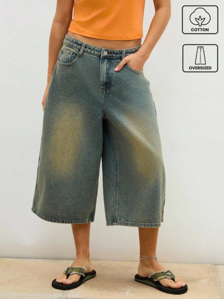 COUREZ Oversized Fit Denim Jorts Cotton - Yellow - View 1