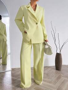 EURMUSE Women Blue And White Striped Detailed Blazer Jacket And Pant Suit Sets - Light Yellow - View 2