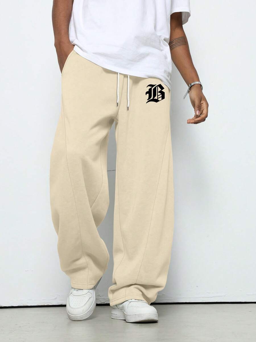 Manfinity EMRG 男士休闲印花抽绳宽松运动裤 - 卡其色 - 查看 1