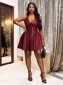 Truni 大码女装派对节日庆典Y2K交叉露背PU皮迷你吊带连衣裙，红色圣诞裙，情人节礼服，适合梨形和三角形身材 - 酒紅色 - 查看 4