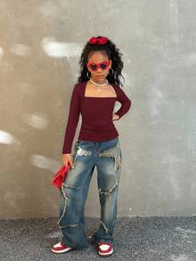 SHEIN Tween Girls Fall Fashionable Snug Fit T-Shirt With Raglan Sleeves, U-Neck, Ruched Waist, Stretchy - Burgundy - View 5