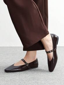 CUCCOO BIZCHIC 女士方头平底巧克力色金属扣套脚平底鞋，舒适休闲玛丽珍鞋，适合搭配连衣裙 - 咖啡 - 查看 4