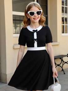 Elladie kids Đầm đen trắng phối màu thanh lịch, thời trang, có nơ ở eo, tay ngắn, cổ tròn, kiểu dáng tối giản, thích hợp cho bé gái tuổi teen. - màu đen - Xem 1