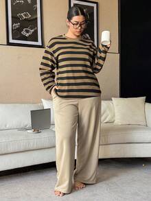 Dazy Plus 2pcs/Set Casual Striped Loose Fit Crew Neck Long Sleeve Top And Straight Leg Pants Pajama Set, Plus Size Women, Spring/Autumn - Green - View 3