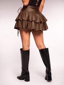 Radiana Váy ngắn nữ phong cách đường phố gợi cảm, giản dị, vải phủ PU co giãn, dây rút, eo xếp nếp nhiều lớp, viền nhún bèo, thích hợp mặc hàng ngày, lễ hội âm nhạc, hòa nhạc, tiệc hóa trang, đêm hẹn hò, sinh nhật, tiệc độc thân, câu lạc bộ, phong cách thường ngày dễ thương, mua sắm, thời trang đường phố, đi chơi, sành điệu, dễ phối đồ, kiểu dáng tôn dáng - màu nâu - Xem 2