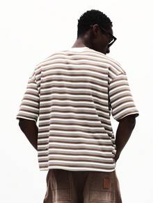 SUMWON Camiseta de cuello redondo de manga corta con rayas horizontales de ajuste relajado con logo de marca para uso casual de primavera y verano - Caqui - Ver 4