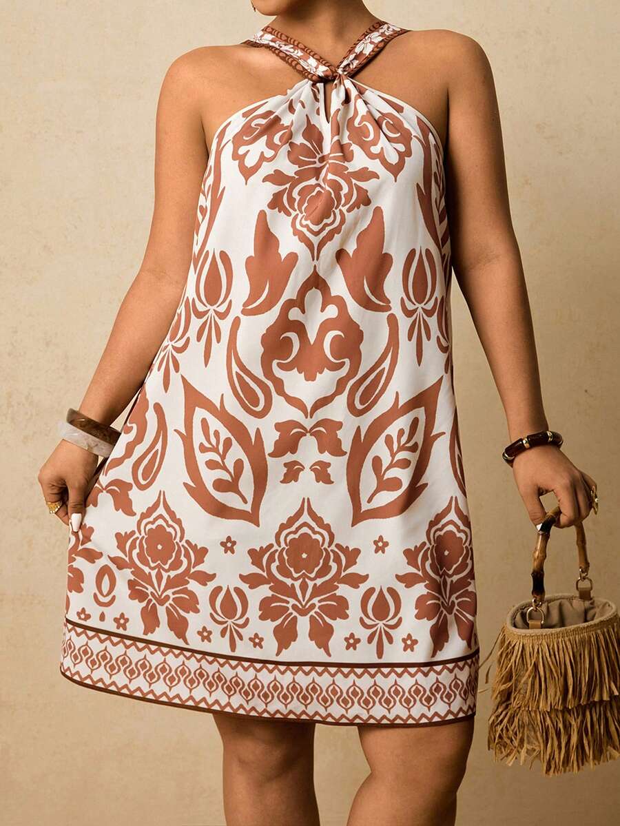 Travachic 大码波西米亚热带印花露背吊带连衣裙，休闲度假风，夏季沙滩裙，度假装扮 - 彩色 - 查看 1