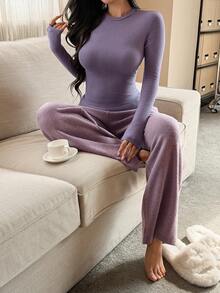 DAZY Minimalist Solid Color Fitted Top And Loose Pajama Pants Women Sleepwear Set - Purple - View 6