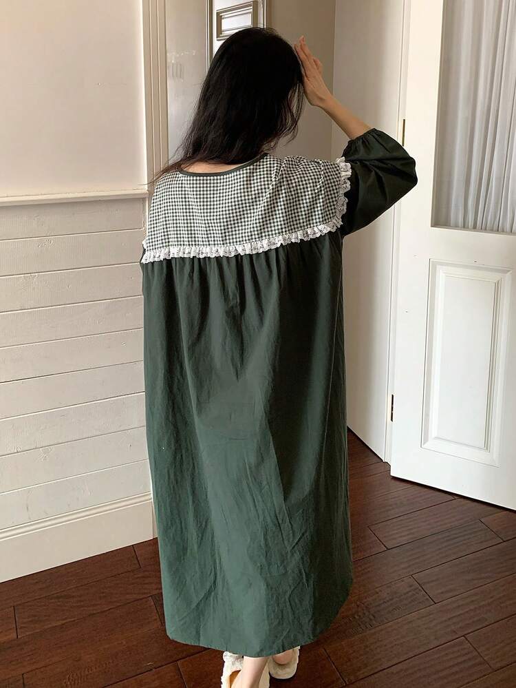 Sweet Bow Decor Plaid Patchwork Loose Women Nightgown