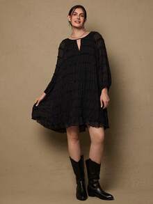 Freevana Plus Size Elegant Solid Color Textured Hollow Out Midi Dress, Suitable For Commuting Boho Dress Business Casual Western Resort Wear Women Valentines Chiffon Dress Brunch Outfits For Women Pleated Dress Textured Dress - Black - View 5