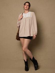 SHEIN VCAY Plus Size Women's Contrast Lace Lantern Sleeve Pleated Fashion Blouse Boho Valentines Lace - Khaki - View 3