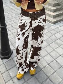 SHEIN EZwear Women's Cow Print Casual Pants: Stylish Woven Fabric Long Pants With Zipper Detail,Country