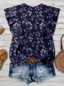 Linhara A Large-Sized Royal Blue Small Flying Sleeve Floral Shirt - Royal Blue - View 2