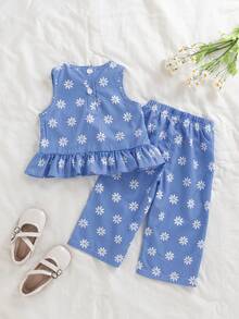 SHEIN Vintaside Kids 两件套女婴夏季时尚简约可爱套装，蓝白格纹上衣饰有蝴蝶结，搭配同款格纹长裤，适合户外、上学、旅行穿着。 - 藍色 - 查看 2