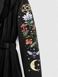 ROMWE Gothic Thorns Witch Mushroom Forest Plant Butterfly Pattern Long Witch Cloak, Long Women's Coat, Black Coat Jacket, Dark Gothic Mysterious Vintage Plus Size Jacket