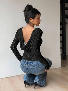 Siren Gaze Damen sexy, romantisch, elegant rückenfreies Pailletten glänzendes Langarm T-Shirt, geeignet für Pendeln, Partys, Jahrestreffen, Dates, Ausflüge, Kombinationen, schick, Neujahrsstimmung