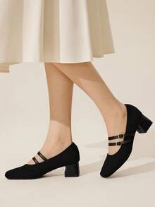 CUCCOO BASICS 女士方头搭扣设计时尚日常穿搭粗跟高跟鞋 - 黑色 - 查看 6