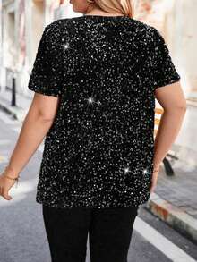 EMERY ROSE Women's Fitted Round Neck Short Sleeve T-Shirt With Digital Placement Print - Black - View 2