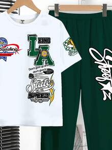 2pcs Tween Boy Casual Y2K Graffiti Letter Print Short Sleeve T-Shirt And Pants Set, Suitable For Spring/Summer