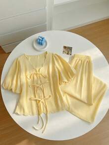 Jouncy 2件套女士度假纯色灯笼袖前系带衬衫和裤子套装 - 黃色 - 查看 1