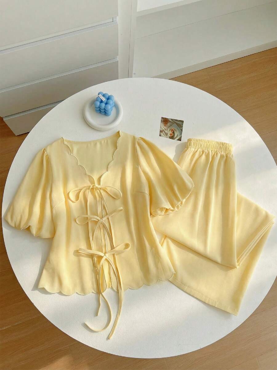 Jouncy 2件套女士度假纯色灯笼袖前系带衬衫和裤子套装 - 黃色 - 查看 1