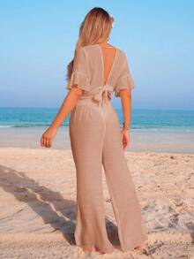 Swim Vcay 露背系带短款上衣和阔腿裤套装，优雅性感V领荷叶袖度假沙滩装 - 卡其色 - 查看 2