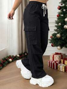 Mujer Pantalón Cargo Casual Bolsillos Grandes Tela Suave Color Liso Corte Recto Ajuste Holgado Cintura Elástica Largo Primavera Otoño Invierno Diario Pantalón - Negro púrpura - Ver 3