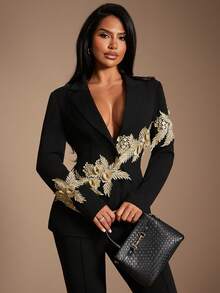 Radiana 女士优雅奢华黑色西装套装 - 金线刺绣西装外套 + 黑色长裤，两件套。精致的3D立体花卉刺绣装饰，适合商务、会议、宴会、派对和正式场合。 - 黑色 - 查看 6