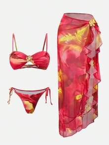 Swim SXY Women's 3pcs/Set Red Floral Print Halter Bikini Top & Leaf Slit Skirt Swimwear, Summer Casual Beach Vacation Holiday Outfit,Boho Western Outfits - Multicolor - View 2