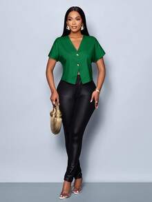 SOLERSUN Women's Solid Color V-Neck Metal Button Asymmetric Hem Elegant Short Sleeve Blouse - Dark Green - View 5