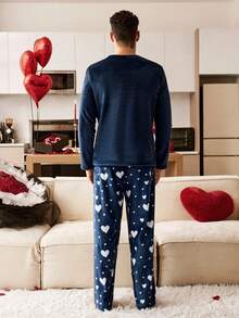 SHEIN 舒适爱心印花长袖长裤法兰绒男士睡衣套装