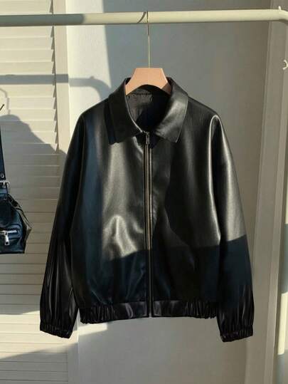 Sparklyn 少女纯色宽松外套，PU材质，光泽亮丽，百搭纯色设计，适合日常穿着、通勤，尽显青春活力，秋冬季必备。