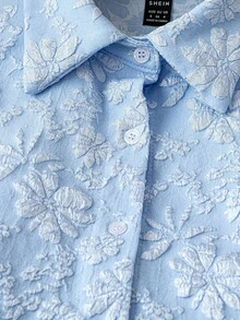 EMERY ROSE 女士纯色提花面料翻领灯笼袖休闲通勤时尚优雅复古浪漫约会蓝色长袖衬衫 - 藍色 - 查看 4