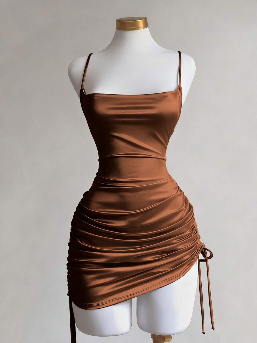 Franclia Minimalist Spaghetti Strap Ruched Decor Plunging Neckline Women Dress - Khaki - View 1