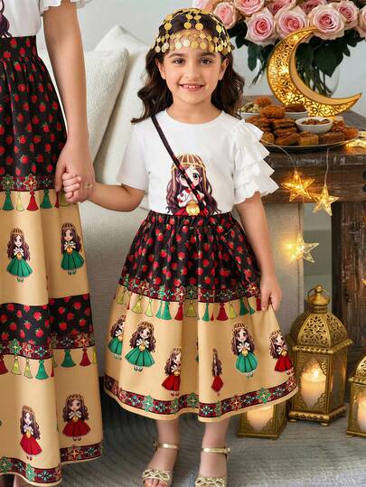 2pcs Girls Set: Cartoon Girl Middle Eastern Ramadan Print Ruffle Trim Short Sleeve Top Paired With Contrast Floral Fringe Hem Skirt, Fresh & Cute With Ramadan Vibe, Comfortable T-Shirt Style Perfect For Holidays