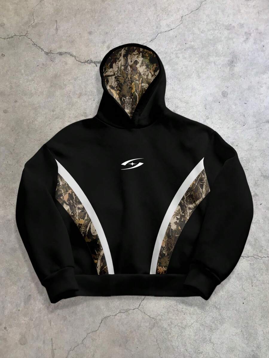 Manfinity Roghcode Áo hoodie dáng rộng thoải mái, dày dặn, lót giữ nhiệt, họa tiết lá rằn ri, phối nhiều mảnh, thời trang cho các buổi hẹn hò và tụ họp, món quà tuyệt vời cho bạn trai. - màu đen - Xem 1