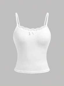 Girlism 2件套少女黑白针织吊带背心，蕾丝边饰蝴蝶结点缀，简约基础款吊带背心，春夏款