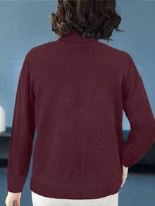EMERY ROSE 女式时尚休闲蓝色高领毛衣 - 酒紅色 - 查看 2