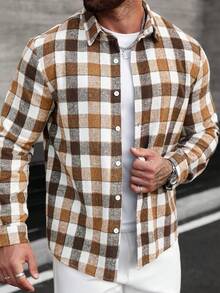 Manfinity CasualCool Men's Plaid Minimalist Casual Long Sleeve Shirt Checkered Shirt Men Shirts Plaid White And Brown Graphic Shirt Brown And White Shirt Men - Multicolor - View 5