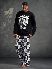 SHEIN How to Train Your Dragon Men's Western Dragon & Letter Print Long Sleeve Top And Pants Loose Fit Loungewear Set, Spring/Autumn - Black - View 4
