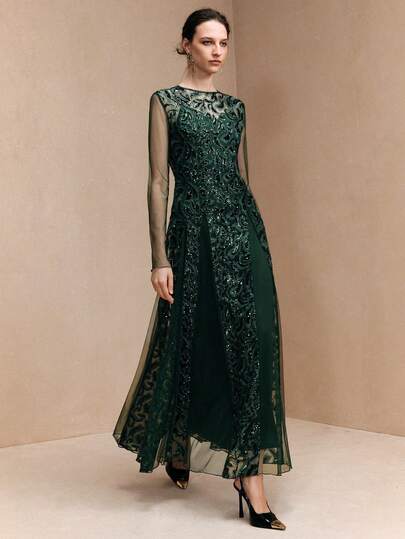 Arave Women's Sequined Mesh And Tulle A-Line Skirt Dress With Fitted Waist And Sequined Chiffon Trim, Perfect For A Date Elegant Dresses For Women  New Year Dress  Valentine's Day Green Suit